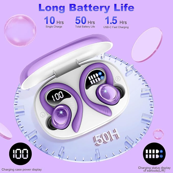 Wireless Earbuds Sport, 2025 Bluetooth 5.4 Headphones with Earhooks, 50H Stereo Deep Bass Over Ear Buds with 4 ENC Noise Canceling Mics, IP7 Waterproof Earphones for Running Workout Gym -Purple