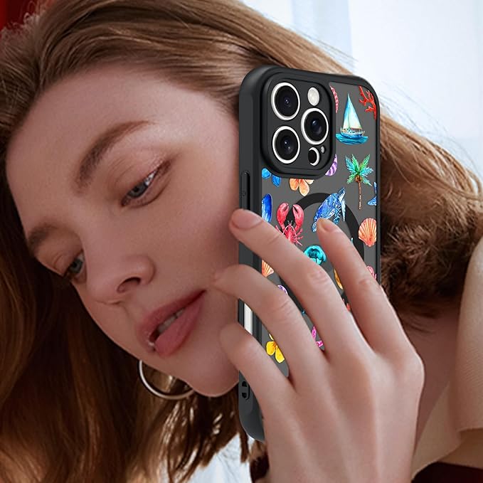 KANGHAR Case for iPhone 16 Pro Max [Compatible with Magsafe] Cute Flower Floral Sea Turtles Coconuts Jellyfish Collage Summer Pattern Protective Magnetic Case for Girls Women 6.9"