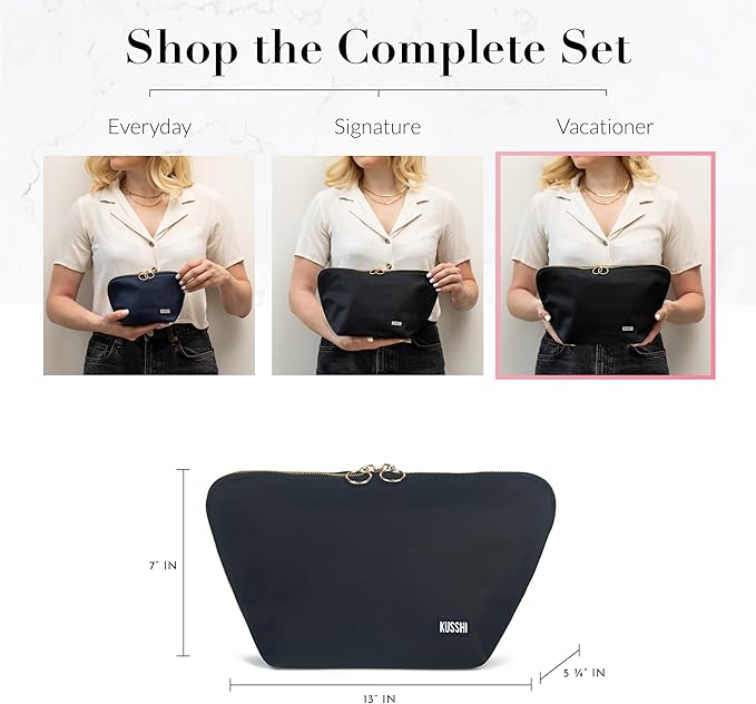 KUSSHI Washable Travel Makeup & Cosmetic Bag - Brush Organizer Sold Separately (Vacationer, Satin Black/Pink)