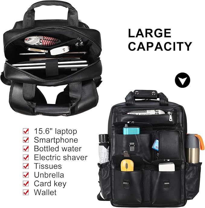 Masa Kawa Black Leather Backpack for Men 15.6 Inch Laptop Bag Multi Pockets Casual Work Business Travel Daypack