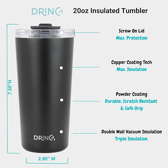 Drinco - 20 oz Stainless Steel Tumbler | Double Walled Vacuum Insulated Mug With Lid, 2 Straws, For Hot & Cold Drinks (20oz Black, 20oz)