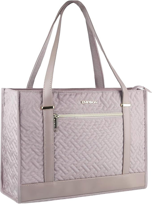 EMPSIGN Laptop Tote Bag for Women 16 Inch, Stylish Computer Shoulder Tote Bag for Work, Large Capacity Quilted Laptop Briefcase, Waterproof Women Business Office Bag, Quilted Grey Pink