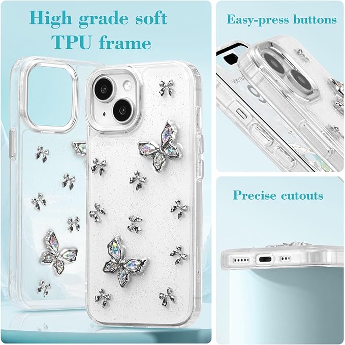 EYZUTAK Case for iPhone 15 Plus, Bling Glitter 3D Butterflies Bowknot Phone Case Cute Crystal Clear Bow Aesthetic Case Slim Soft Durable TPU Transparent Protective Cover for Women Girls - Butterfly
