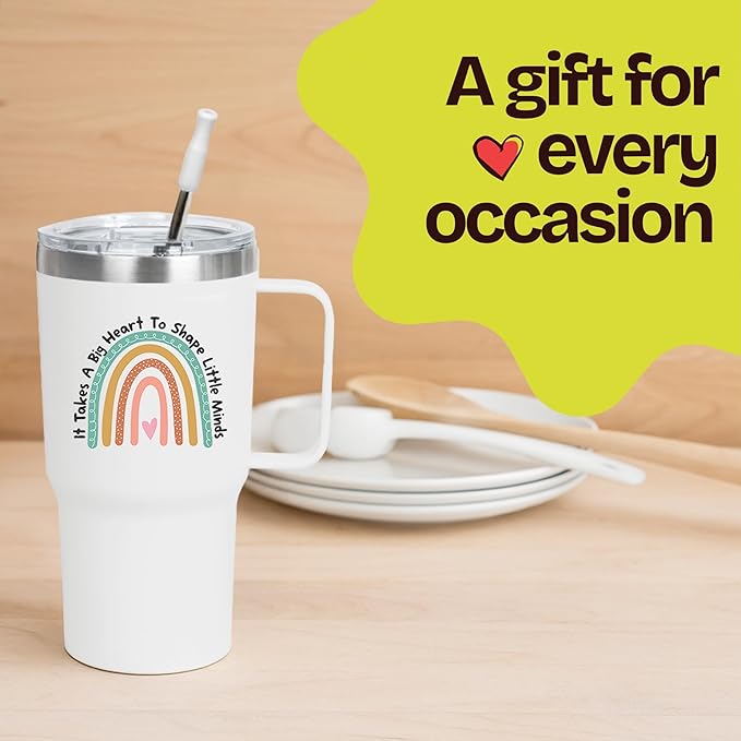 KLUBI It Takes a Big Heart to Shape Little Minds Tumbler With Handle And Straw 20 Ounce Teacher Appreciation Gifts for Women Thank You Gifts for Women Nanny Gift Travel Mug Preschool Teacher Gift