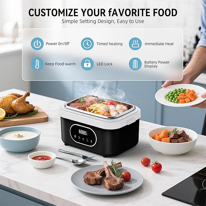 Cordless Electric Lunch Box for Adults, Rechargeable Portable Self-Heating Lunch Box Food Warmer, 1.5L Container for Outdoor, Work, Office, Camping, Travel (Black＆White)