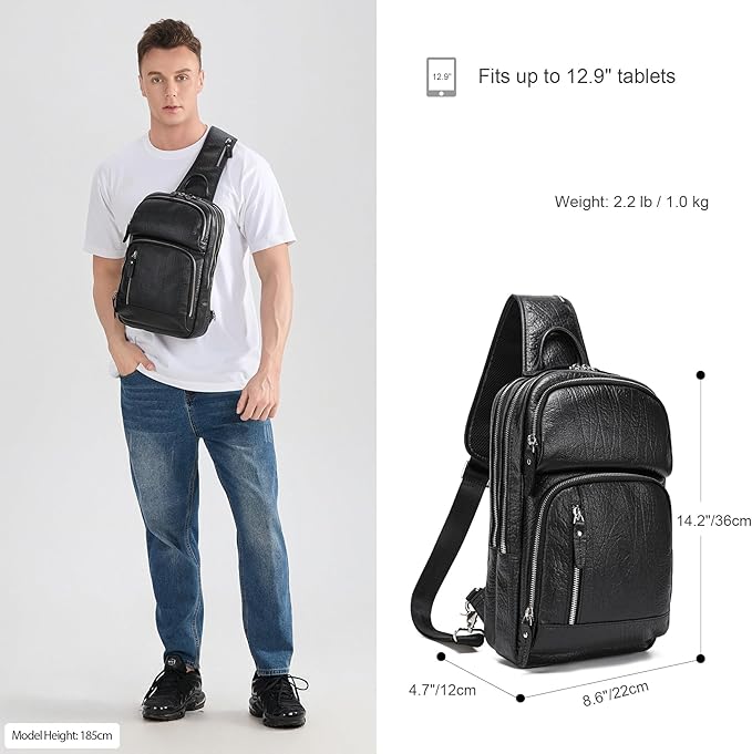 LANNSYNE Full Grain Leather Sling Bag For Men, Crossbody Bag fits 12.9" iPad Crossbody Chest Daypack