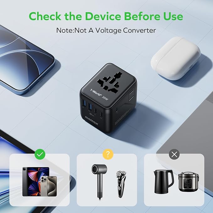 MOMAX 7-in-1 Universal Travel Adapter, 3 USB-C PD & 2 USB-A QC, 2AC, All-in-one European Travel Plug Adapter, International Power Adapter for Travel UK EU AUS JP, Travel Essentials