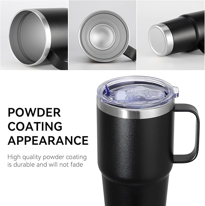 VEGOND 20 oz Tumbler Bulk with Handle Lid and Straw, Stainless Steel Insulated Travel Coffee Mug Set, Spill Proof Double Wall Metal Tumblers Cups, Powder Black 12 Pack