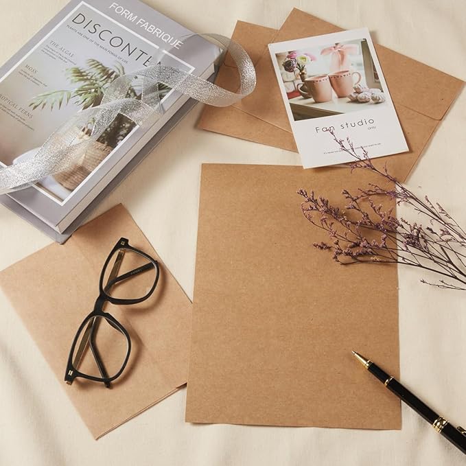 Wishop 50 Pack Self-Adhesive Envelopes with Fold Cards for Wedding Invitations, Greeting Cards, Baby Shower, Letter Mailing (Brown, 5x7)