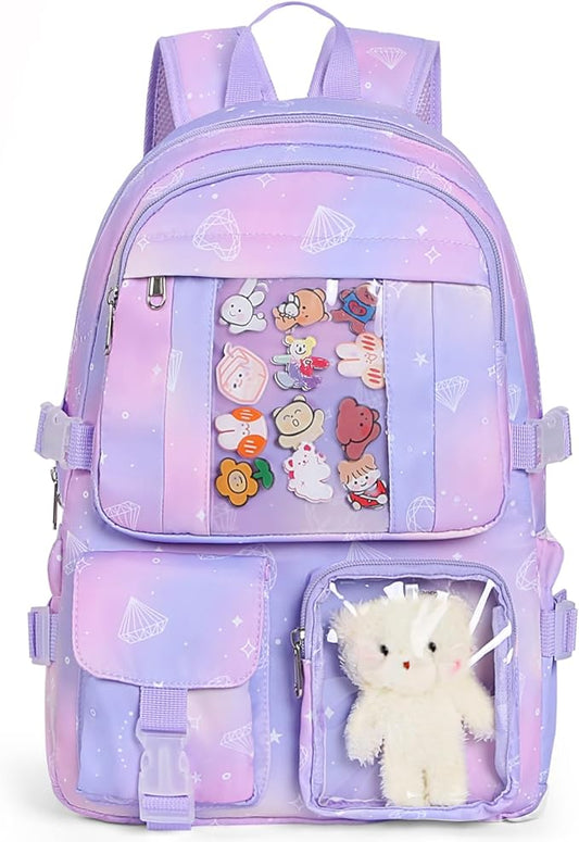 Kawaii Backpack for Teen Girls, Cute Aesthetic High Middle School College Bookbag with Accessories, Purple