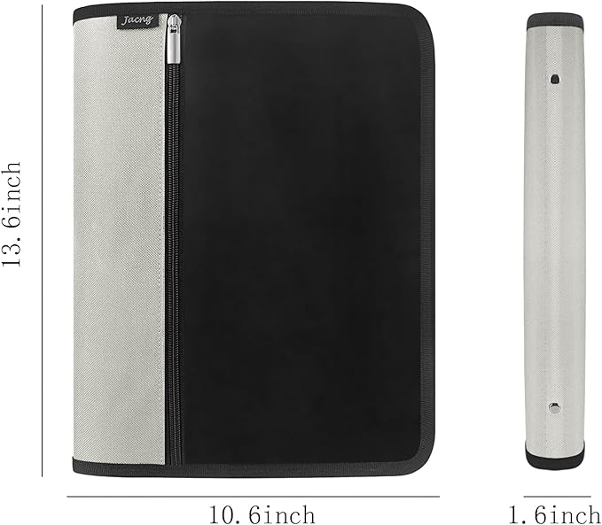 Zipper Binder 1.5 Inch Round 3-Ring Binder, Zippered Grip Pockets Storage Bag Business Office Supplies for Men Women (Grey)