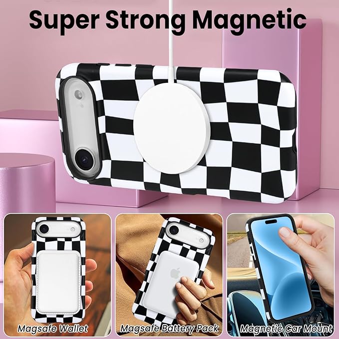 SOKAD Magnetic Checkered Phone Case for iPhone Air, Cute Grids Plaid Checkerboard Pattern Compatible with Magsafe Matte Protective Case Cover with Screen Protector for Girls Women, Black & White