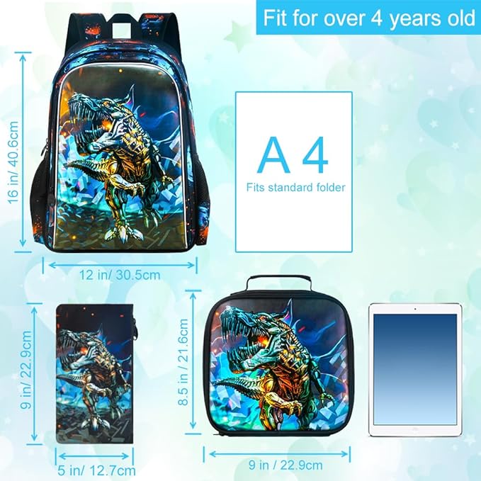 CCJPX 3PCS Kids Backpack for Boys, 16 Inch Dinosaur Water Resistant Preschool Backpacks, Kindergarten School Bookbag with Lunch Box for Toddler Travel