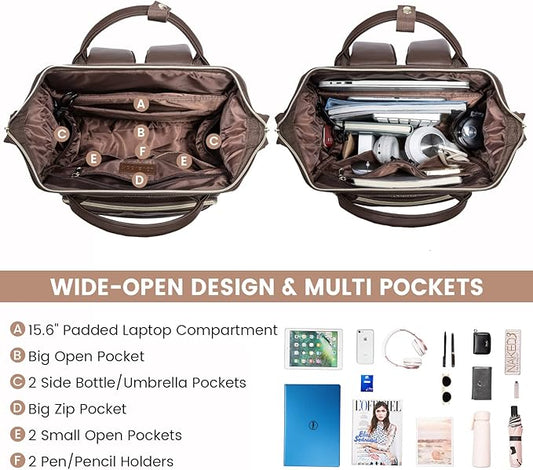 LOVEVOOK Leather Laptop Backpack for Women 15.6 inch,Travel Backpack Purse Nurse Teacher Backpack Computer Laptop Bag,Professional College Business Work Bags Carry On Backpack with USB Port,Coffee