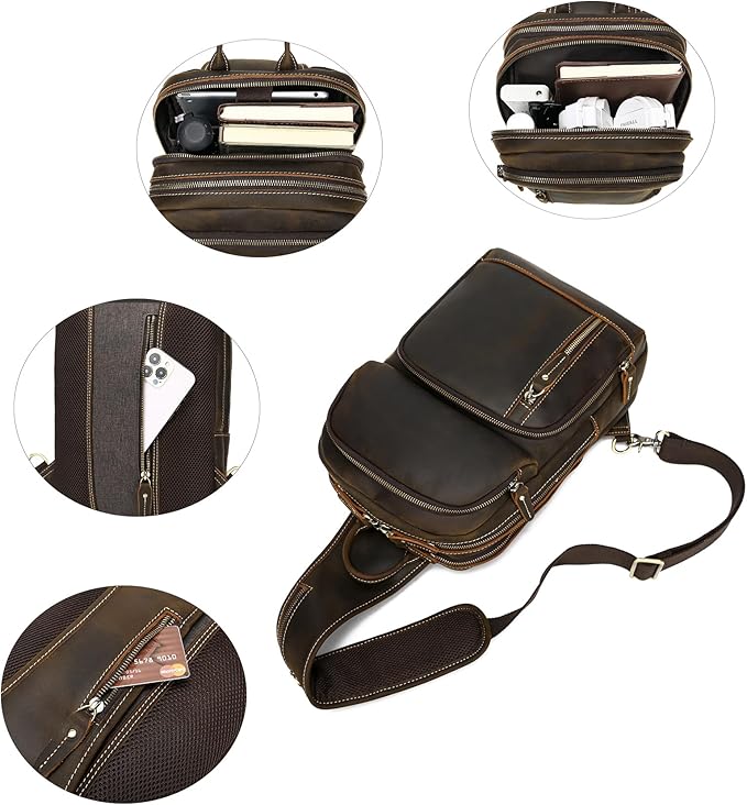 LANNSYNE Full Grain Leather Sling Bag For Men, Crossbody Bag fits 12.9" iPad Crossbody Chest Daypack