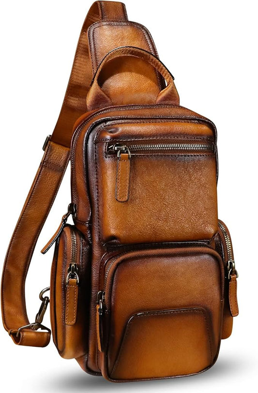 IVTG Genuine Leather Sling Bag Crossbody Casual Hiking Daypack Vintage Handmade Chest Bag Shoulder Backpack Motorcycle Pack (Brown)