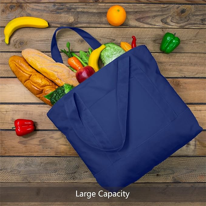 TOPDesign 30-Pack Canvas Tote Bags with an External Pocket, Reusable Grocery Shopping Bags, Top Zipper Closure, Daily Essentials (Blue)