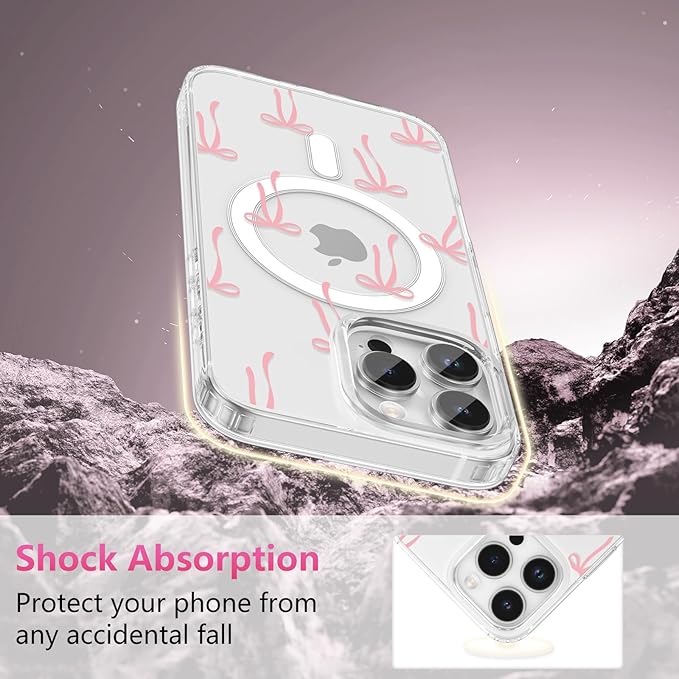 ZTOFERA for iPhone 16 Pro Magnetic Case Clear,Cute Love Heart Ribbon Bow Tie Aesthetic Phone Case,Transparent Trendy Slim Soft Shockproof Protective Phone Cover for Women Girls,Pastel Pink