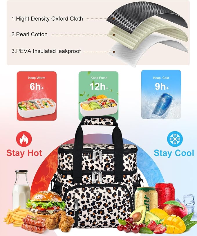 Lunch Box for Women, Double Insulated Lunch Bag Reusable Leakproof Cooler Bag Portable Picnic Food Bag, Adult Lunch Tote Lunch Bag for Work, Construction Worker, Truck Driver-Leopard Print