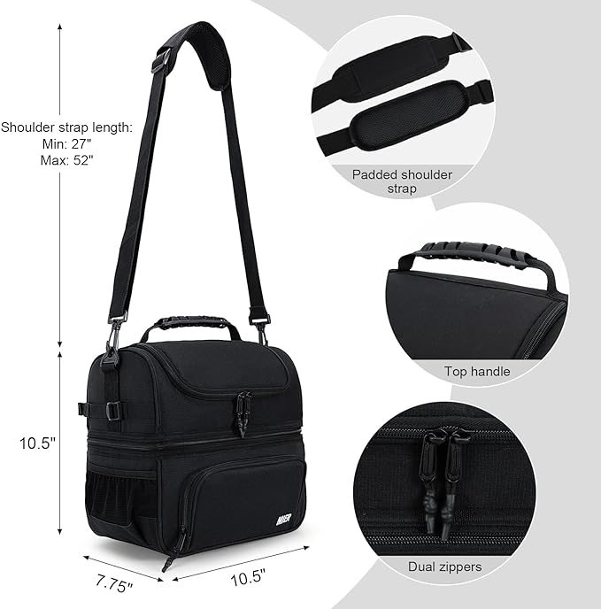 MIER Dual Compartment Lunch Bag Tote with Shoulder Strap for Men and Women Insulated Leakproof Cooler Bag, Black