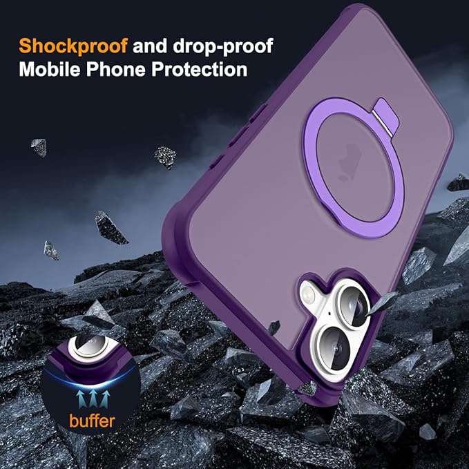 Compatible with iPhone 16 Case with Invisible Magnetic O-Ring Stand Military-Grade Translucent Case for iPhone 16 6.1" [Compatible with Mag-Safe][Great Grip Feeling], Purple