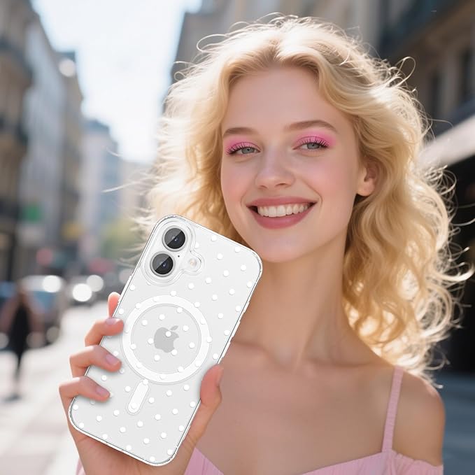 ZTOFERA Magnetic for iPhone 16 Plus Case,Cute Polka Dot Phone Case Aesthetic Striped Clear Trendy Slim Soft Shockproof Protective Phone Cover for Women Girls, White Dot
