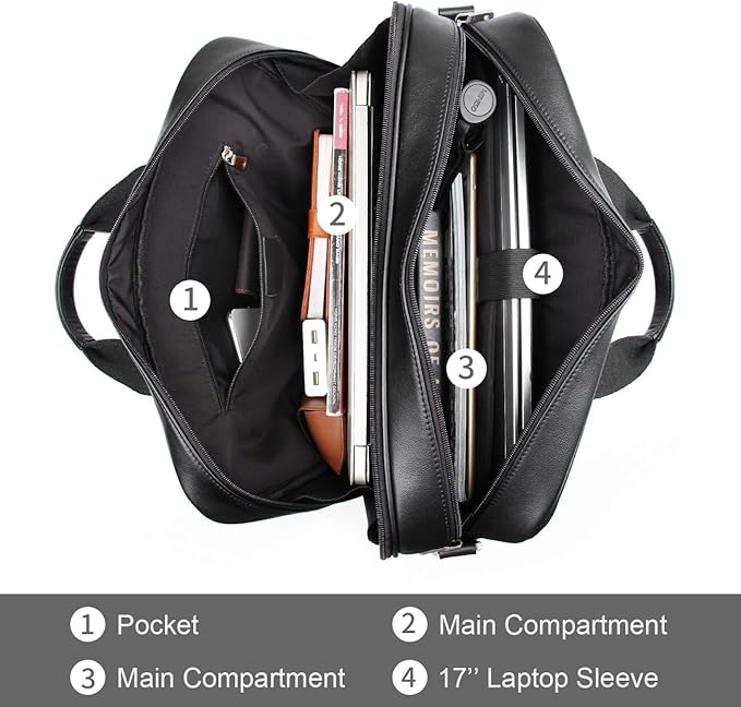 Augus Business Travel Briefcase Genuine Leather Duffel Bags for Men Laptop Bag fits 15.6 inches Laptop YKK Zipper (Black)