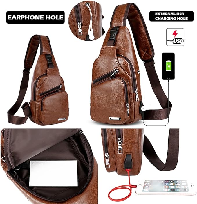 Peicees Leather Sling Bag Mens Crossbody Bag Chest Bag Sling Backpack for Men with USB Charge Port