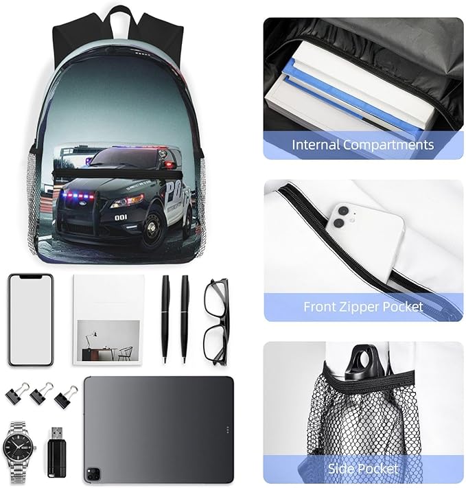 Backpack Police Car, Travel Laptop Backpacks Casual College Daypack School Bag for Boys Girls Men Adult One Size