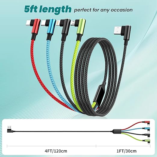 Travel Essentials 90 Degree Multi Charging Cable [2Pack 5FT], Right Angle 4 in 1 Charging Cable, USB Cable Charging Cords with IP/Type C/Type C/Micro Port, Compatible with Most Cell Phones and More