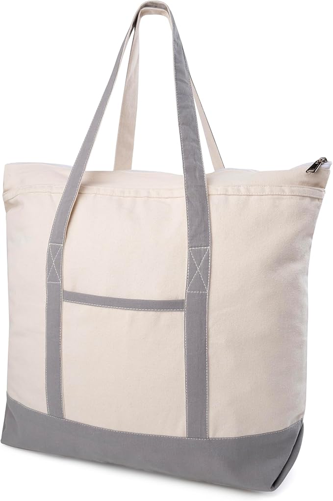 Cotton Canvas Tote Bag with an External Pocket & Top-Zipper Closure For - Gym, Beach, DIY, Work, Travel, Shopping