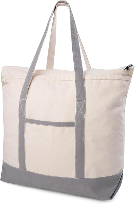 Cotton Canvas Tote Bag with an External Pocket & Top-Zipper Closure For - Gym, Beach, DIY, Work, Travel, Shopping