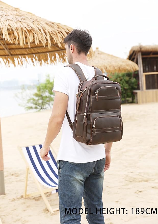 LANNSYNE Vintage Genuine Leather Backpack For Men 15.6 Inch Laptop Bag Overnight Weekender Camping Daypack Rucksack