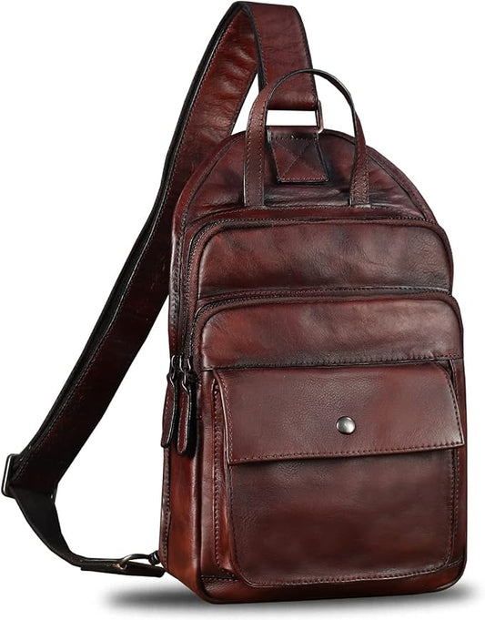 Genuine Leather Sling Bag for Men and Women Vintage Real Leather Fashion Sling Backpack Shoulder Crossbody Chest Purse