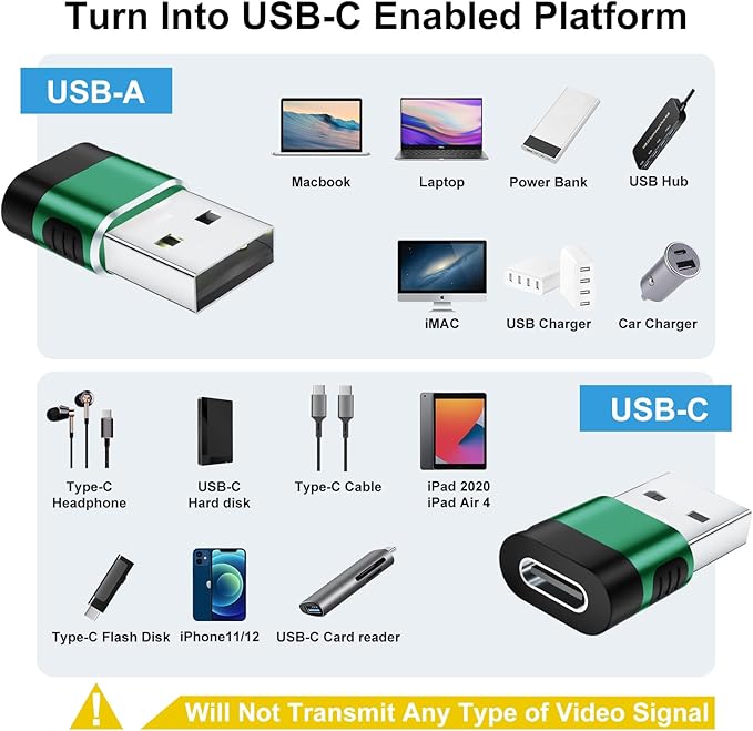 USB to USB C Adapter 6 Pack,USB-A to USB-C Adapter,USBC Female to USBA Male Adaptor,USBC Converter for iPhone 16 15 14,MacBook Pro,iPad,Charger,Green