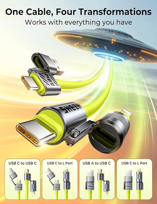 Silicone Green Cable 4-in-1 USB C Cable 60W Compatible with Lightning Cable Fast Charging & Data Transfer, Support to CarPlay & Android Auto, 5FT Multi Cord Combo Charger for iPhone/iPad