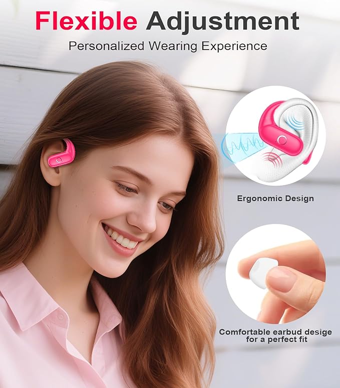 MOZOTER Wireless Earbuds Bluetooth 5.3 Headphones Sport,Over Ear Buds with Deep Bass Sound,60Hrs Playtime Earphones Redesigned Comfort Fit with Earhooks for Running,Meeting,Workout-Pink