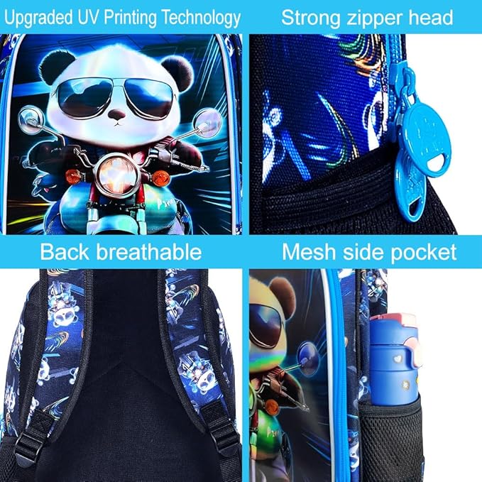 CCJPX 3PCS Backpack for Boys, 16 Inch Kids Panda Water Resistant Preschool Backpacks, Cool Kindergarten School Bookbag Set for Teen Travel