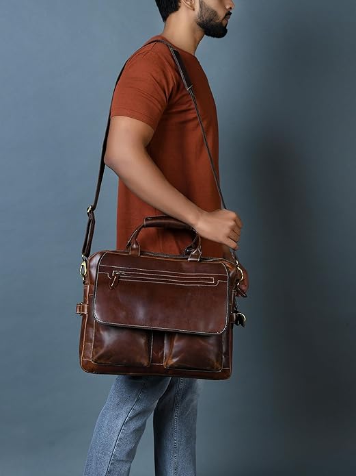 Messenger Bag For Men, 16 Inch Laptop Bag, Vintage Handmade Laptop Briefcase and Shoulder Bag for Men, Business Leather Satchel Bag for Office, Work, and Travel :