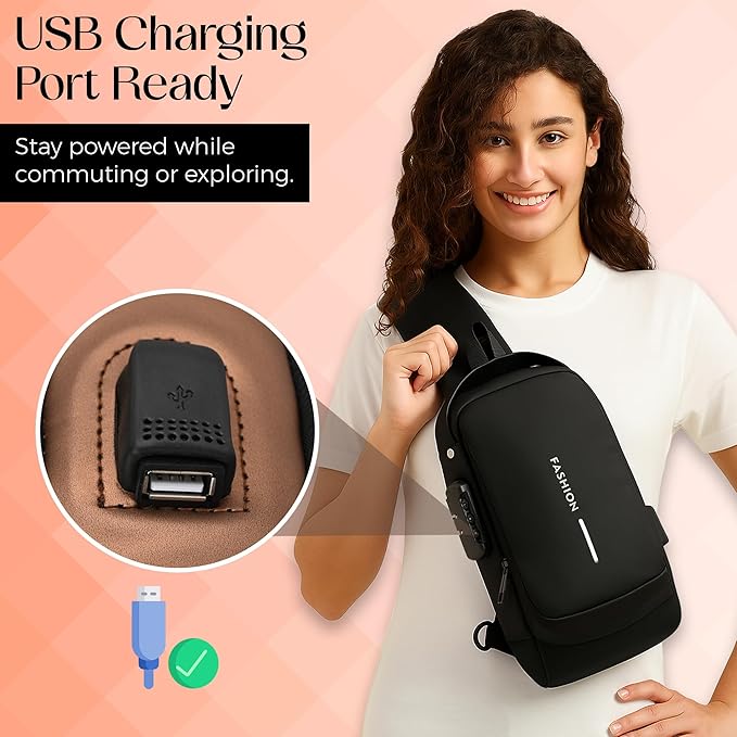 Unisex Anti-Theft Sling Bag with USB Port, Water-Resistant Crossbody Chest Backpack for Travel & Work