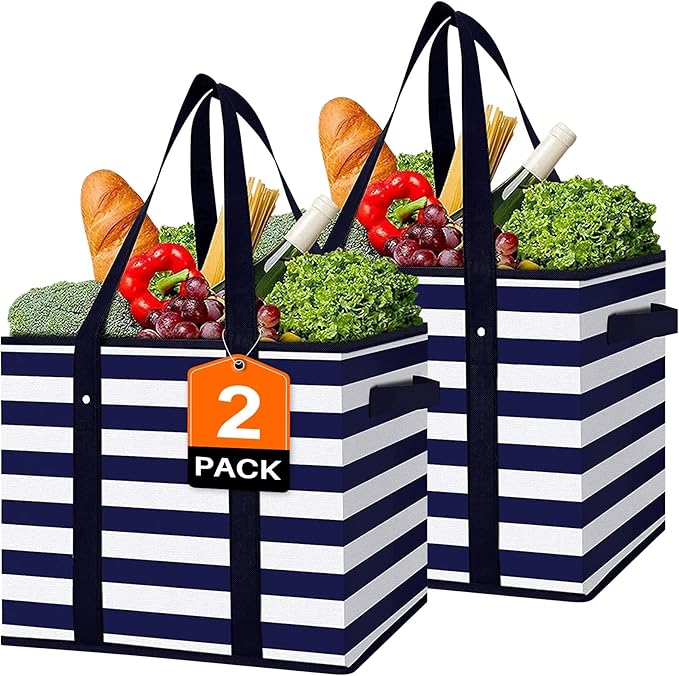 WISELIFE 2 Pack Reusable Grocery Bags Large Water Resistant Grocery Collapsible Heavy Duty Tote Bags for Shopping Picnic