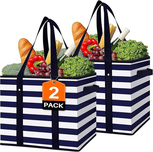 WISELIFE 2 Pack Reusable Grocery Bags Large Water Resistant Grocery Collapsible Heavy Duty Tote Bags for Shopping Picnic