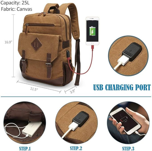Canvas Backpack for Men Women, Vintage Rucksack Fits Most 15.6 Inch Laptop, Bookbag with USB Charging Port, Brown