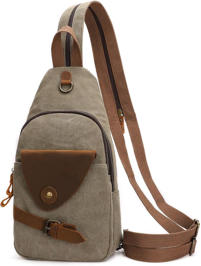 KL928 Canvas Sling Bag Crossbody Backpack Shoulder Casual Rucksack for Men Women,Olive Green