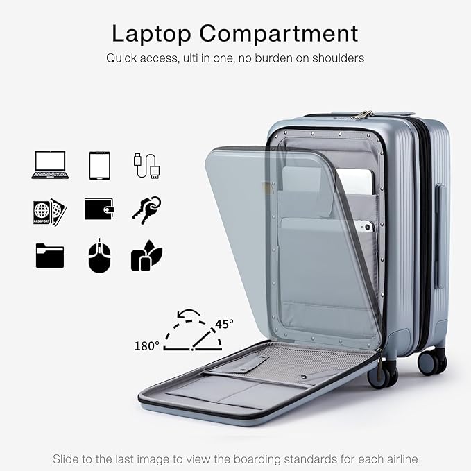 Hanke Grace Expandable Carry On Luggage with Wheels Airline Approved Hard Shell Suitcases with Front Pocket，Top Opening Luggage with TSA Lock for Short Business Travel, Grey.