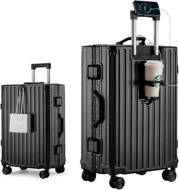 20 Inch PC Hard Shell Carry On Luggage with Aluminum Frame, Black Suitcase with Cup Holder and USB Port, Zipperless Luggage for Business Travel