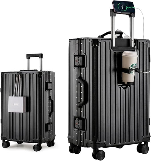 26 Inch PC Hard Shell Checked In Luggage with Aluminum Frame, Black Suitcase with Cup Holder and USB Port, Zipperless Luggage for Business Travel