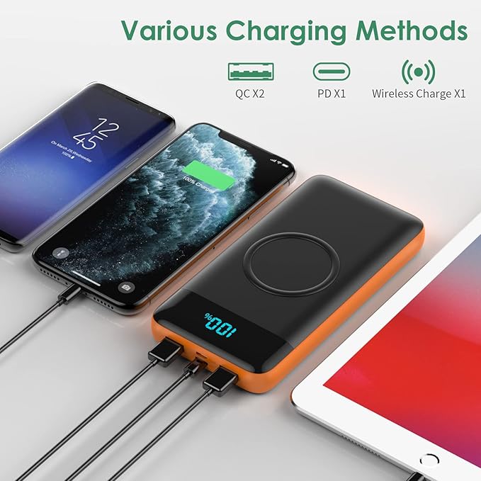 Wireless Portable Charger 30800mAh 15W Wireless Charging 25W PD QC4.0 Fast Charging Smart LED Display USB C Power Bank 4 Output and 2 Input External Battery Pack Compatible with iPhone Samsung-Orange