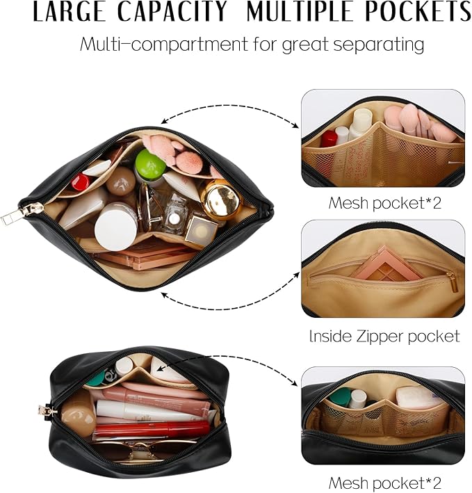 Women Gifts | Initial Makeup Bag Set for Girl Personalized Gifts for Bridesmaid Friend Graduation Teachers PU Leather Cosmetic Travel Toiletry Bag(Black,K)