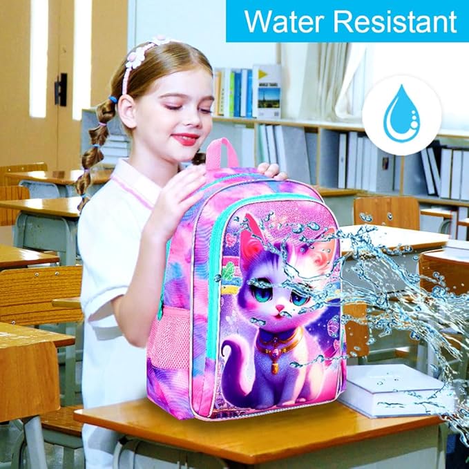 3Pcs Cat Backpack for School, 16" Girls Bookbag with Lunch Box, Kids Backpacks Set for Elementary Preschool Kindergarten(Pink)